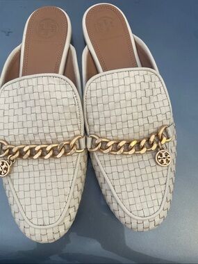 Tory Burch Cream Woven Leather Chain-Trim Mule Slides